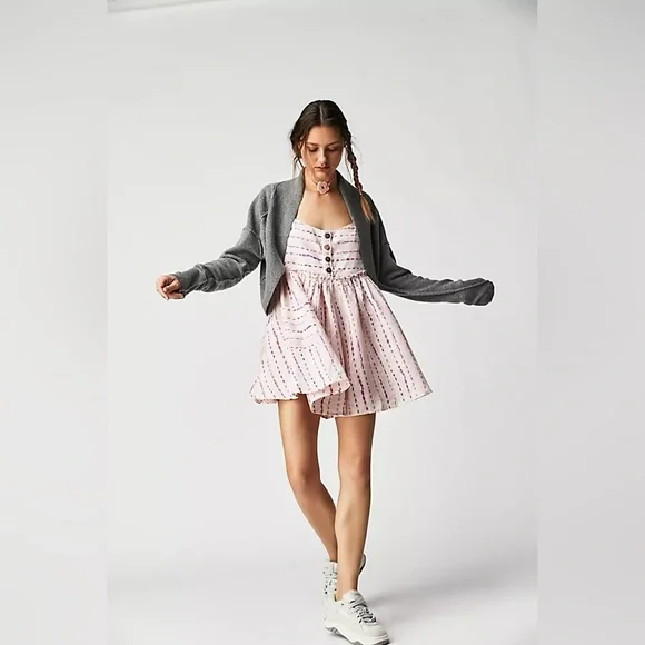 Free People Ocean Ave Pink & Ivory Linen Romper Size Small - Picture 7 of 7